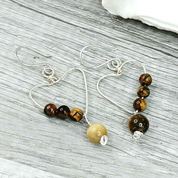 Tigers Eye Gemstone Heart Dangle Earrings, Crystal Jewelry, 2" - Picture 3 of 10